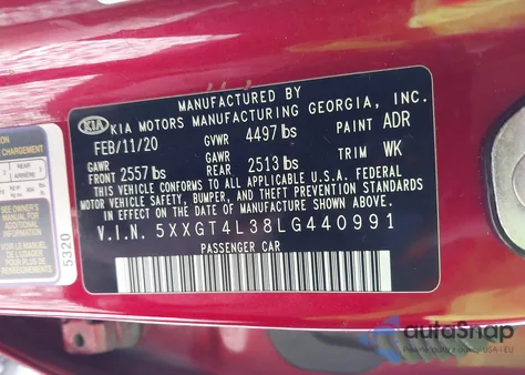 2020 Kia Optima Se from USA, damaged, VIN 5XXGT4L38LG440991